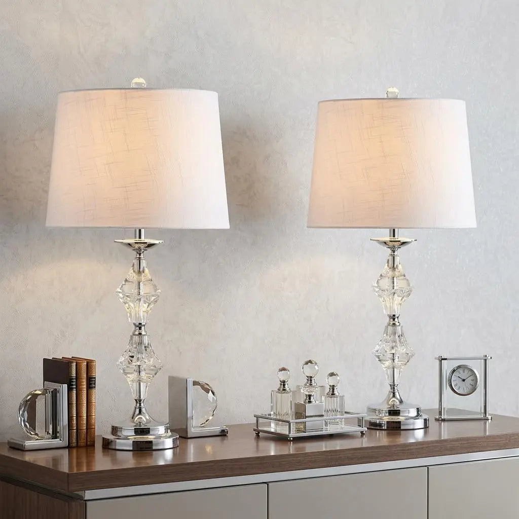 Set of Two 28" Silver Novelty Bedside Lamps With Drum Shades Homeroots Lighting