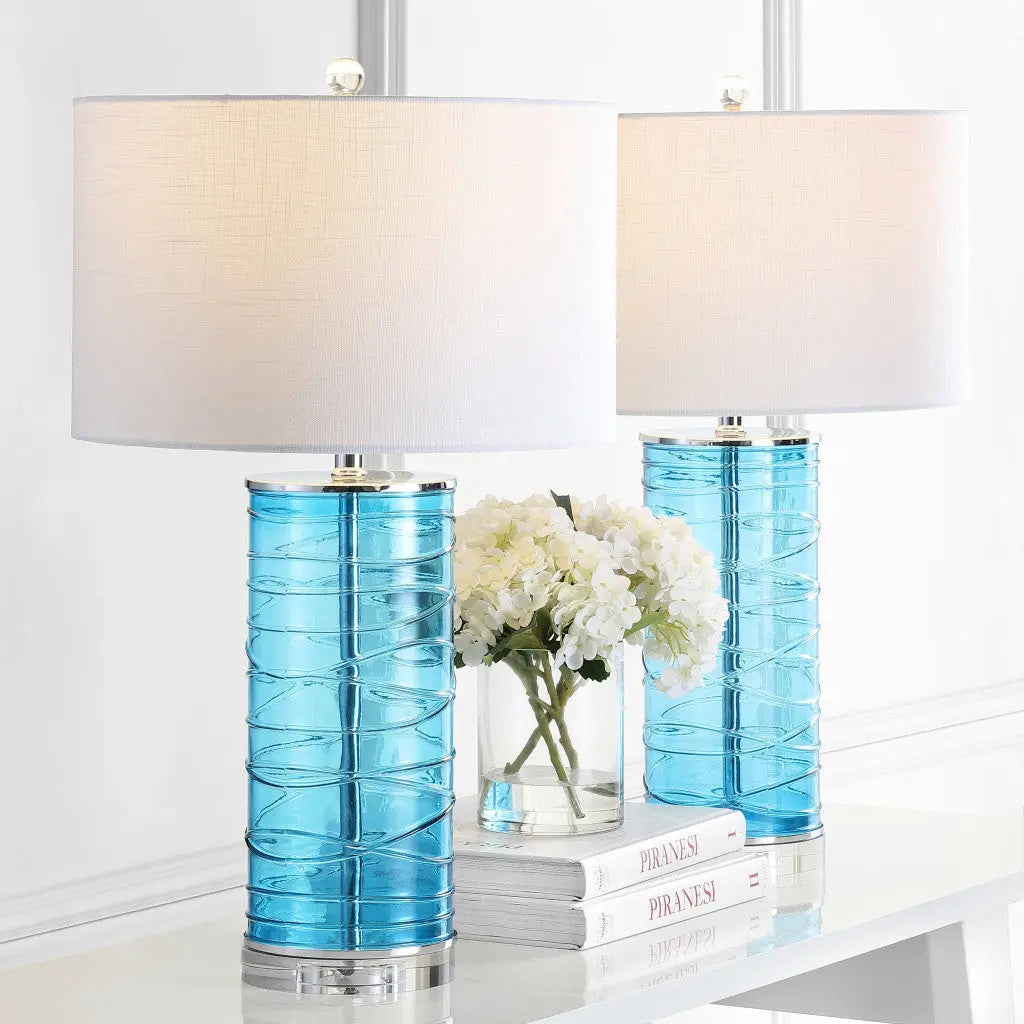 Set of Two 28" Turquoise And Clear Novelty Table Lamps With Drum Shades Homeroots Lighting