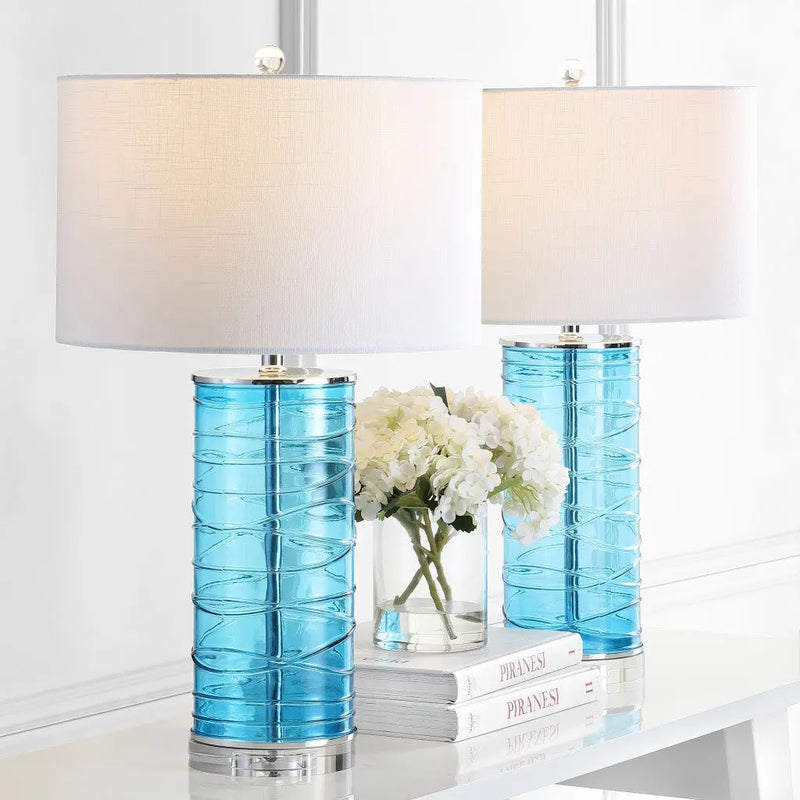 Set of Two 28" Turquoise And Clear Novelty Table Lamps With Drum Shades Homeroots Lighting
