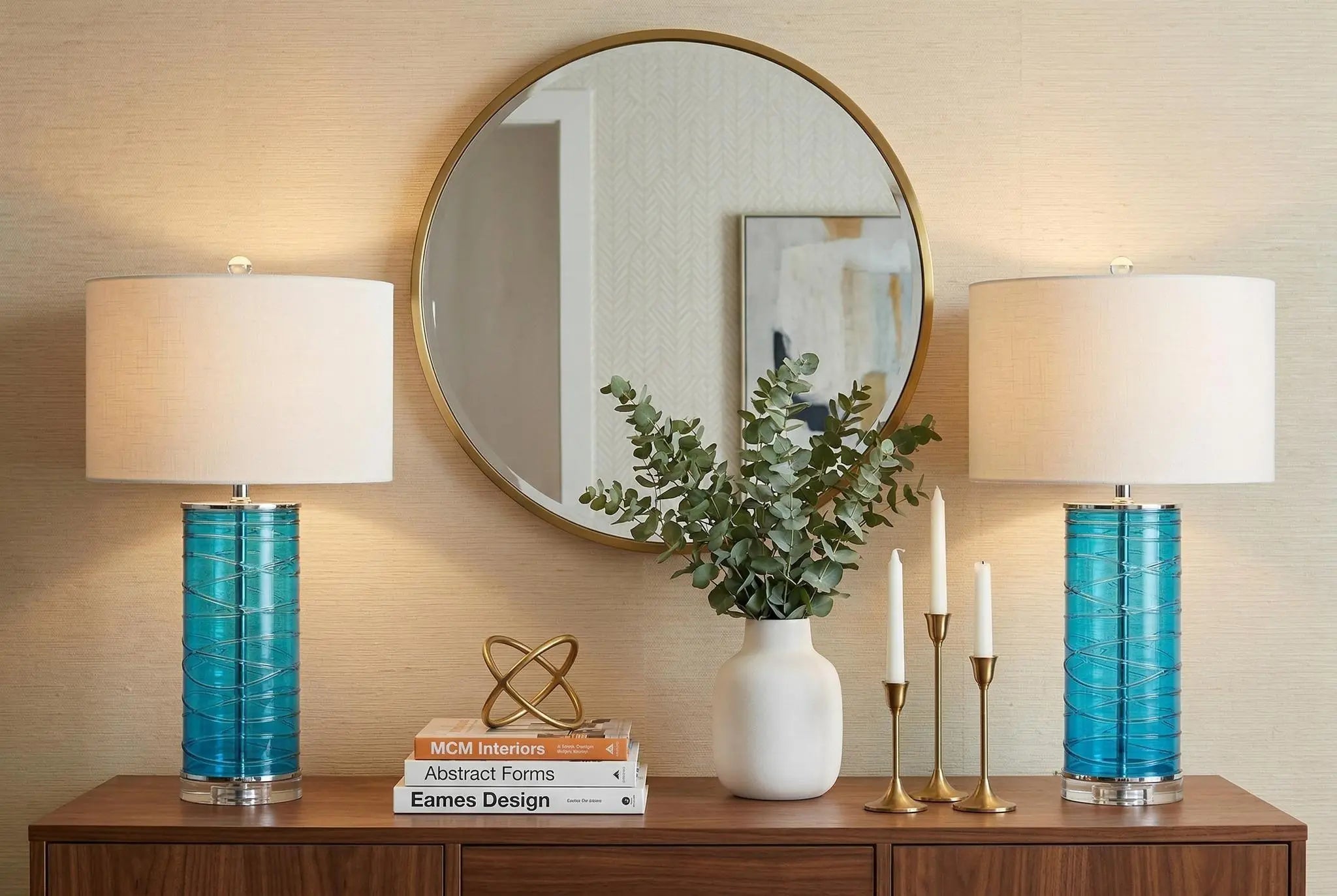 Set of Two 28" Turquoise And Clear Novelty Table Lamps With Drum Shades Homeroots Lighting