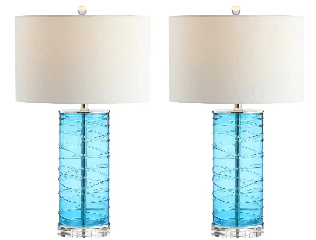 Set of Two 28" Turquoise And Clear Novelty Table Lamps With Drum Shades Homeroots Lighting