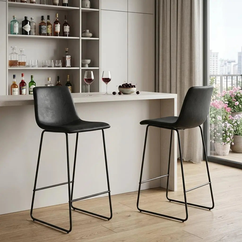 Set of Two 29" Black Faux Leather and Aluminum Bar Height Bar Chairs Homeroots Living Room