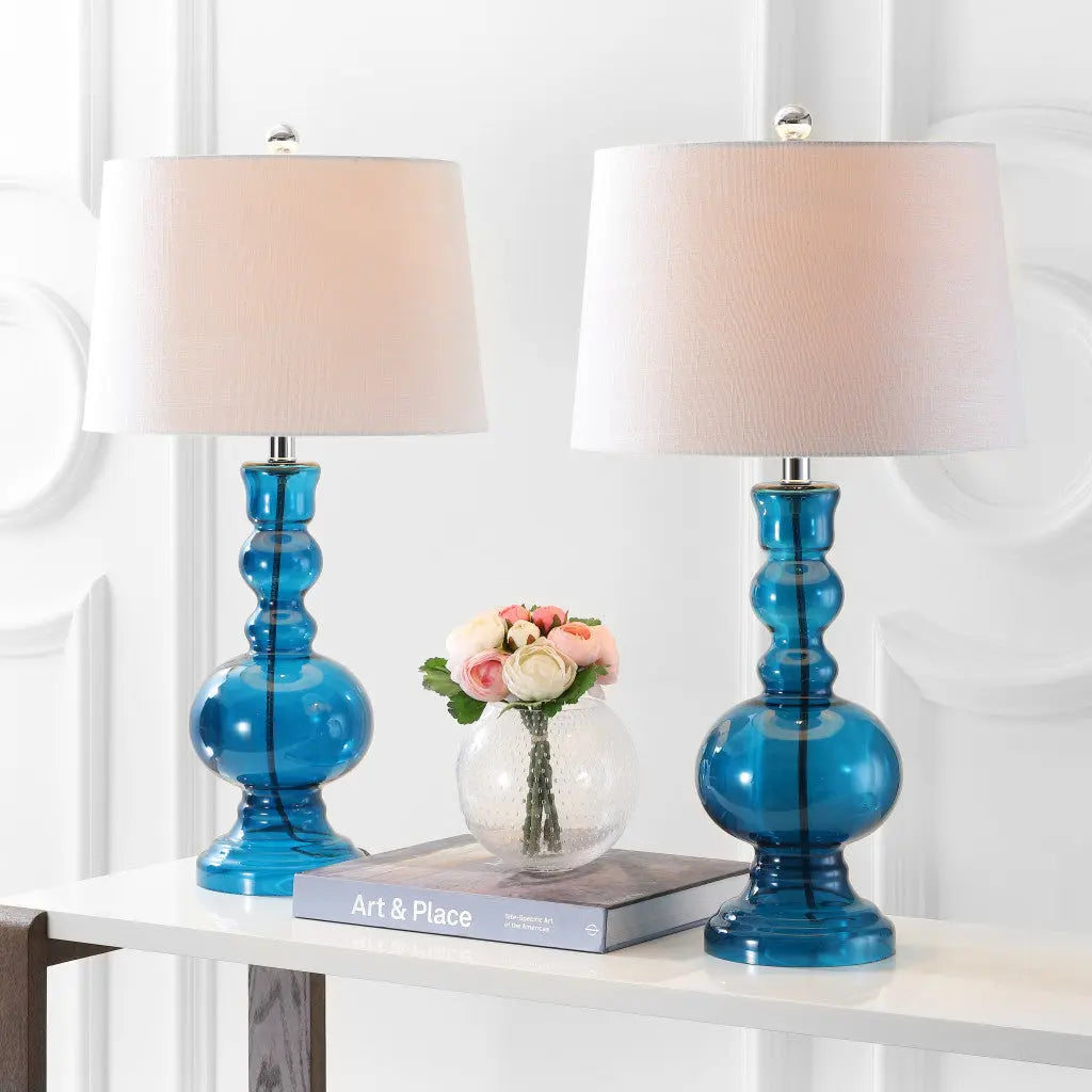 Set of Two 29" Blue Urn Table Lamps With Drum Shades Homeroots Lighting