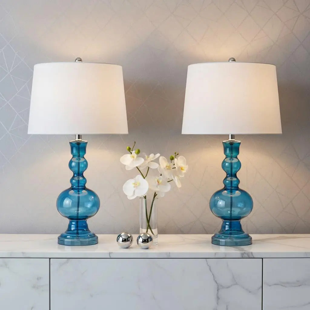 Set of Two 29" Blue Urn Table Lamps With Drum Shades Homeroots Lighting