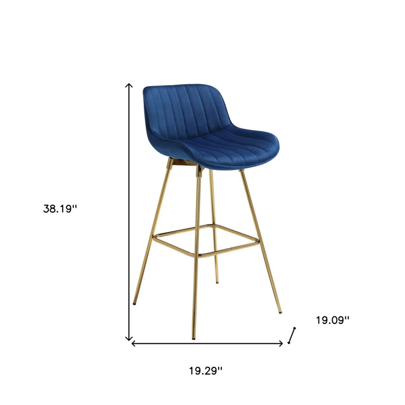 Set of Two 29" Blue and Gold Velvet and Metal Low Back Bar Height Swivel Bar Chairs Homeroots Living Room