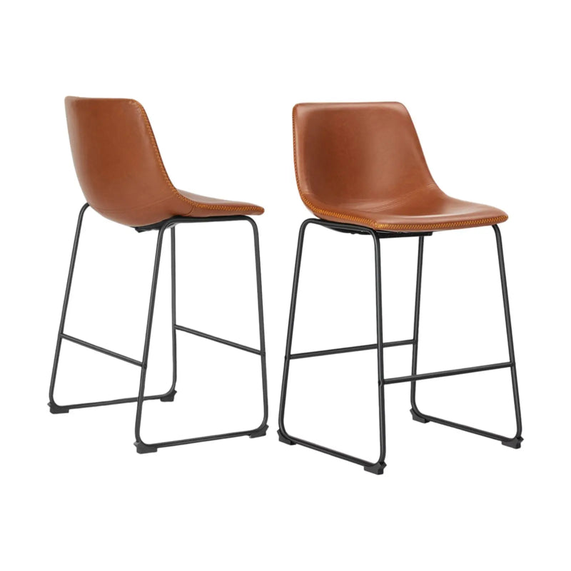 Set of Two 29" Brown and Black Faux Leather and Aluminum Bar Height Bar Chairs Homeroots Living Room