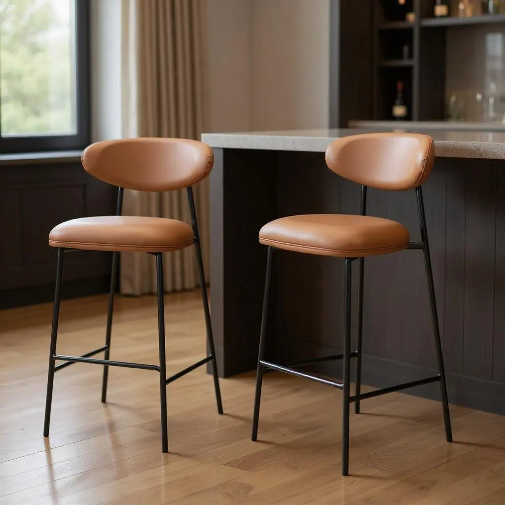 Set of Two 29" Brown and Black Faux Leather and Steel Low Back Bar Height Bar Chairs Homeroots Living Room