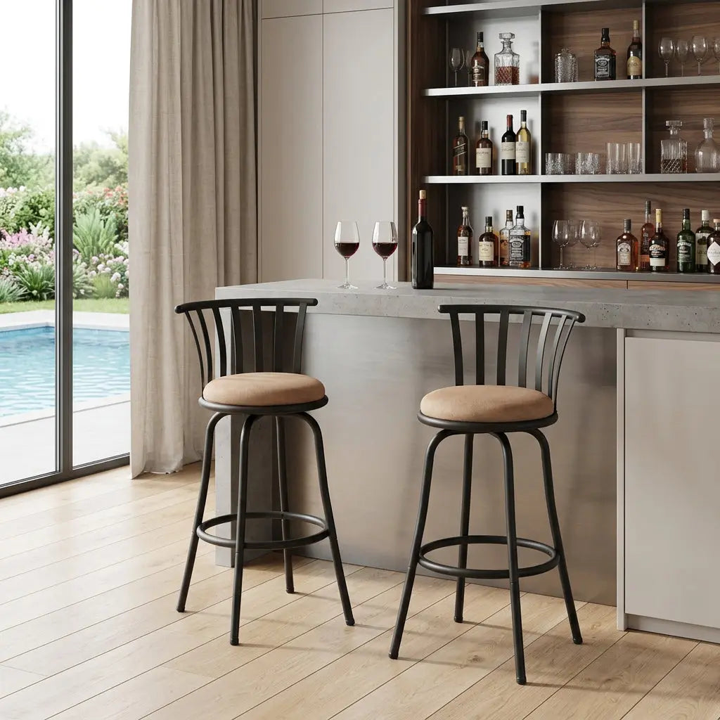 Set of Two 29" Brown and Black Microfiber and Metal Low Back Bar Height Swivel Bar Chairs Homeroots Living Room