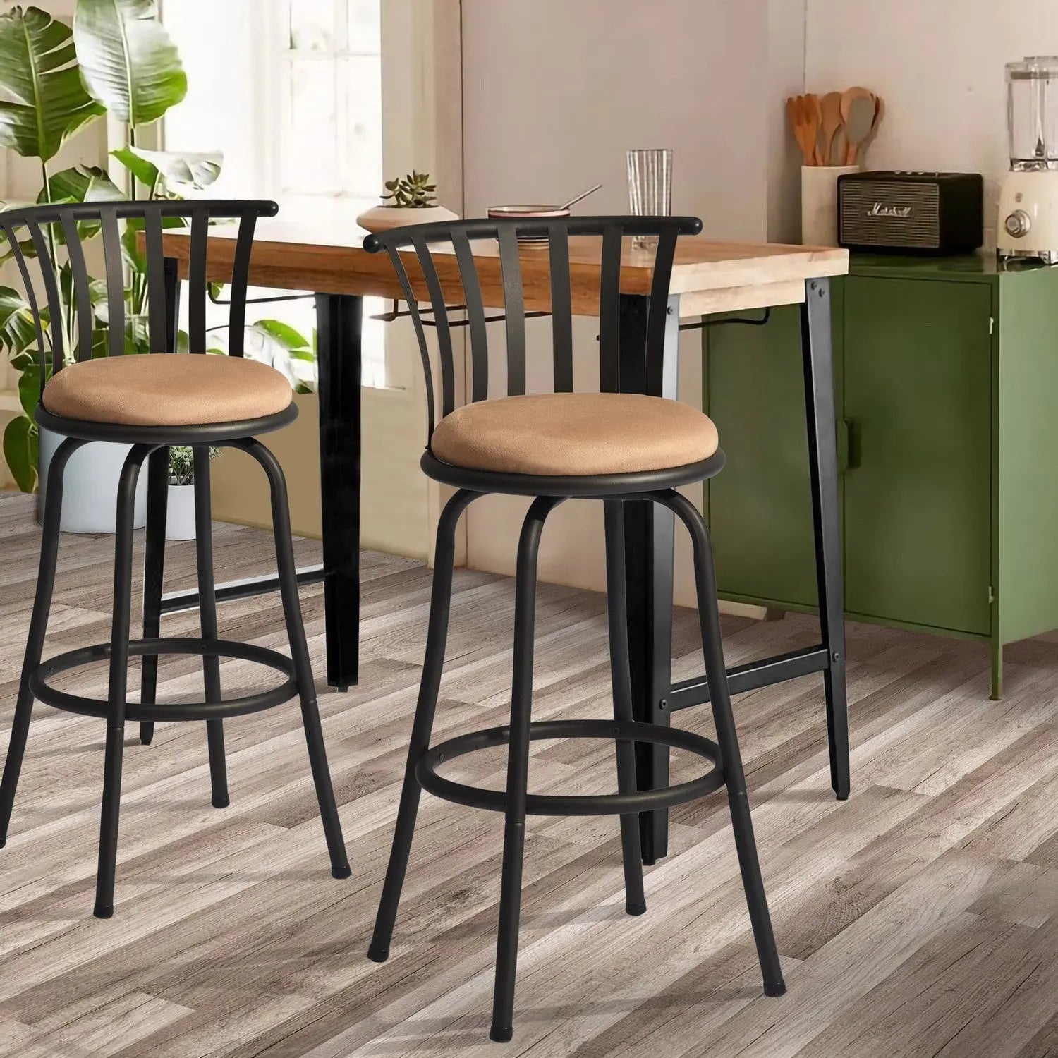 Set of Two 29" Brown and Black Microfiber and Metal Low Back Bar Height Swivel Bar Chairs Homeroots Living Room