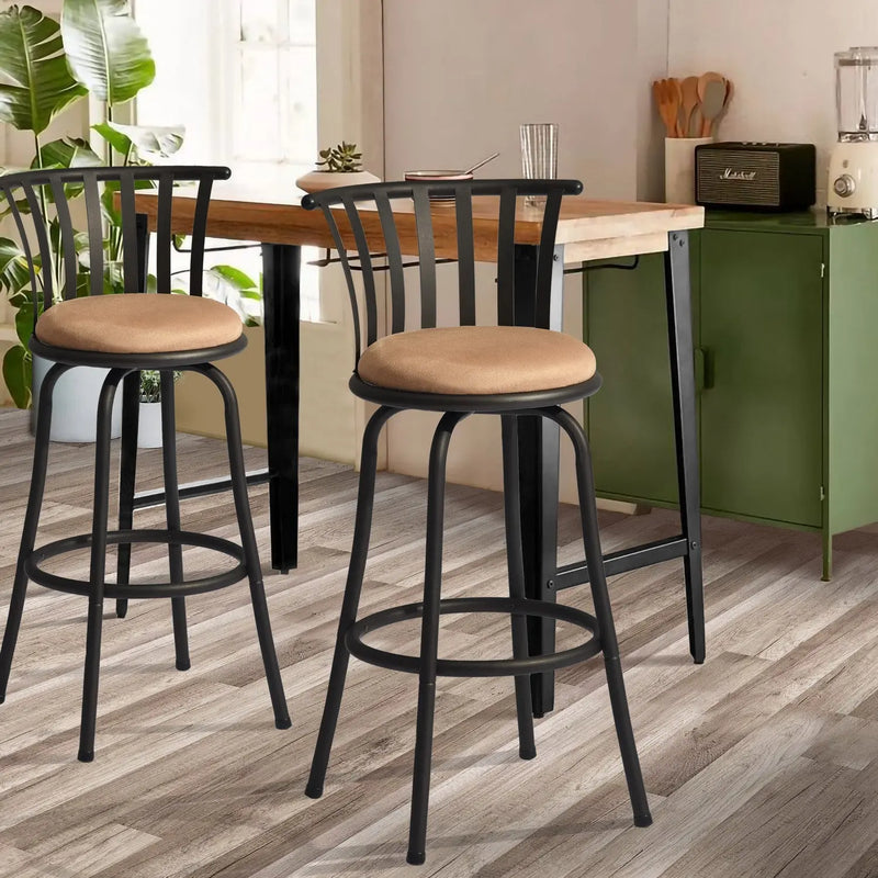 Set of Two 29" Brown and Black Microfiber and Metal Low Back Bar Height Swivel Bar Chairs Homeroots Living Room