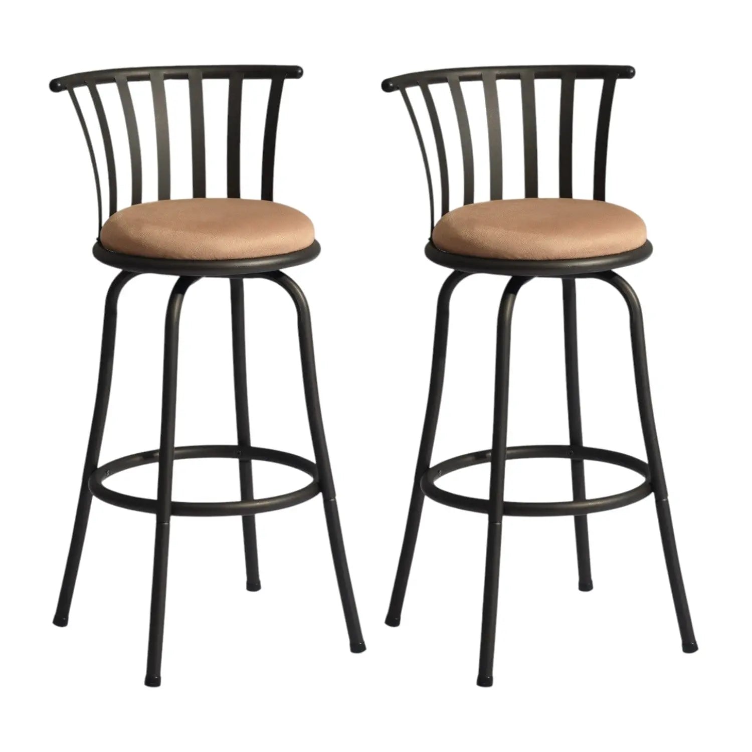 Set of Two 29" Brown and Black Microfiber and Metal Low Back Bar Height Swivel Bar Chairs Homeroots Living Room