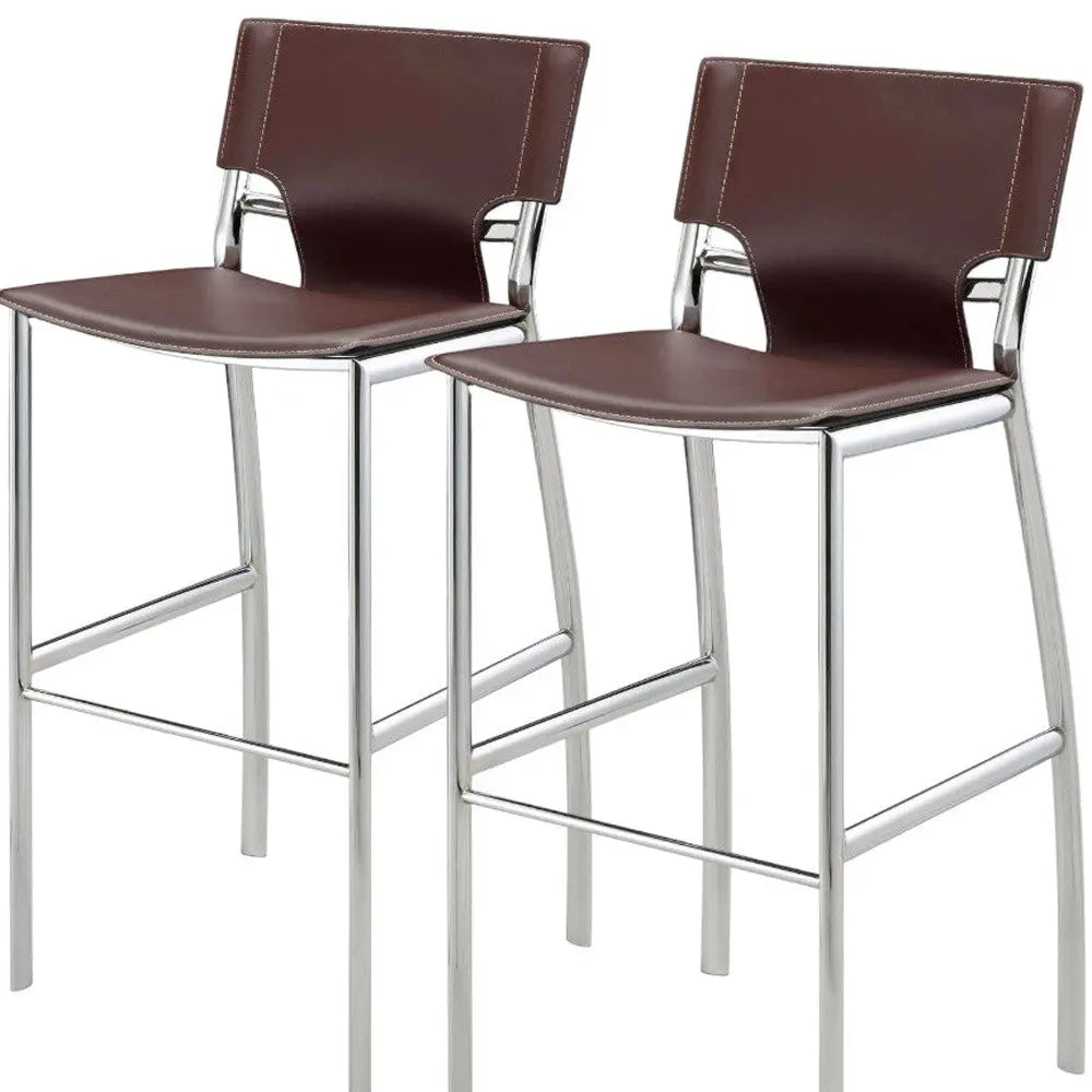 Set of Two 29" Brown and Silver Metal and Faux Leather Low Back Bar Height Bar Chairs Homeroots Living Room