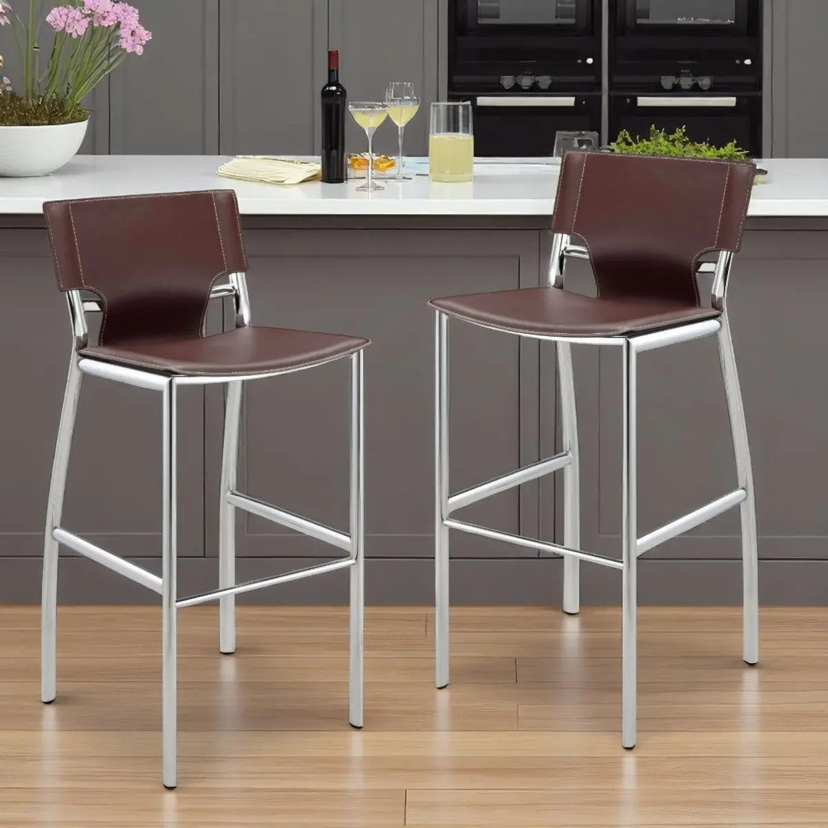 Set of Two 29" Brown and Silver Metal and Faux Leather Low Back Bar Height Bar Chairs Homeroots Living Room