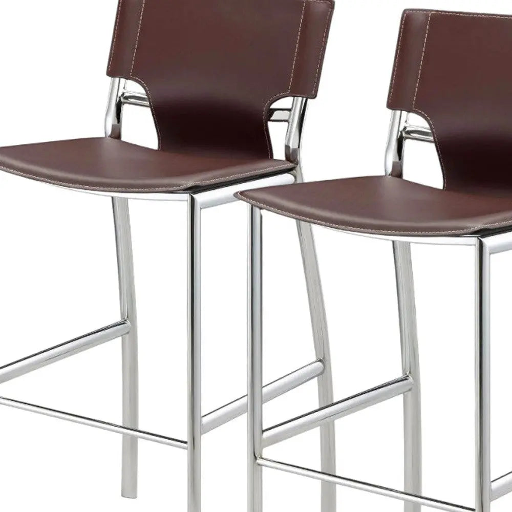 Set of Two 29" Brown and Silver Metal and Faux Leather Low Back Bar Height Bar Chairs Homeroots Living Room