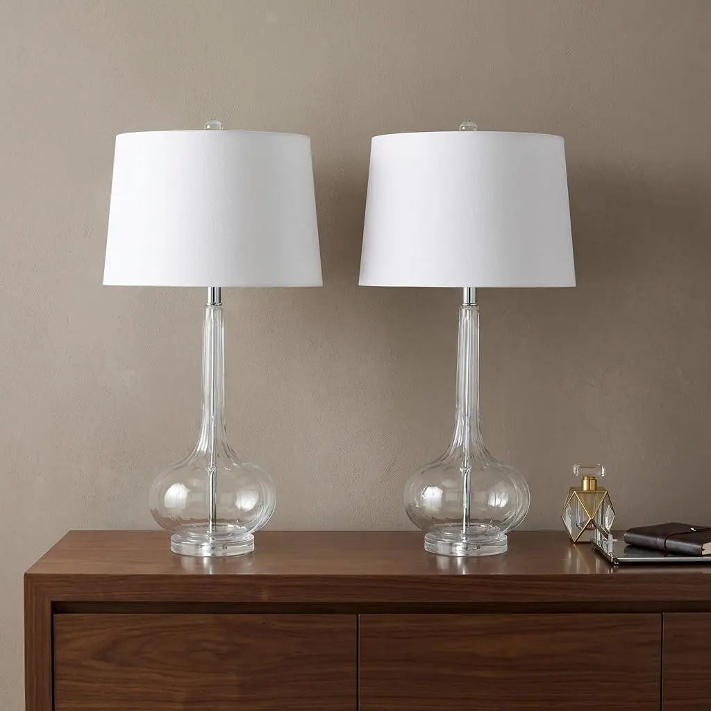 Set of Two 29" Clear Novelty Table Lamps With Drum Shades Homeroots Lighting