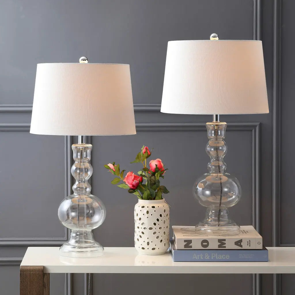 Set of Two 29" Clear Novelty Table Lamps With Drum Shades Homeroots Lighting