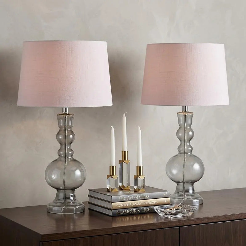 Set of Two 29" Clear Novelty Table Lamps With Drum Shades Homeroots Lighting