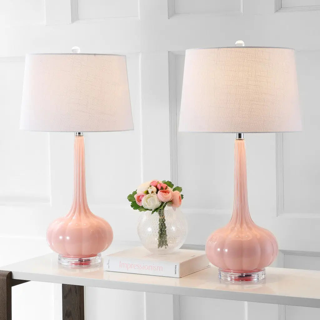 Set of Two 29" Clear Novelty Table Lamps With Drum Shades Homeroots Lighting
