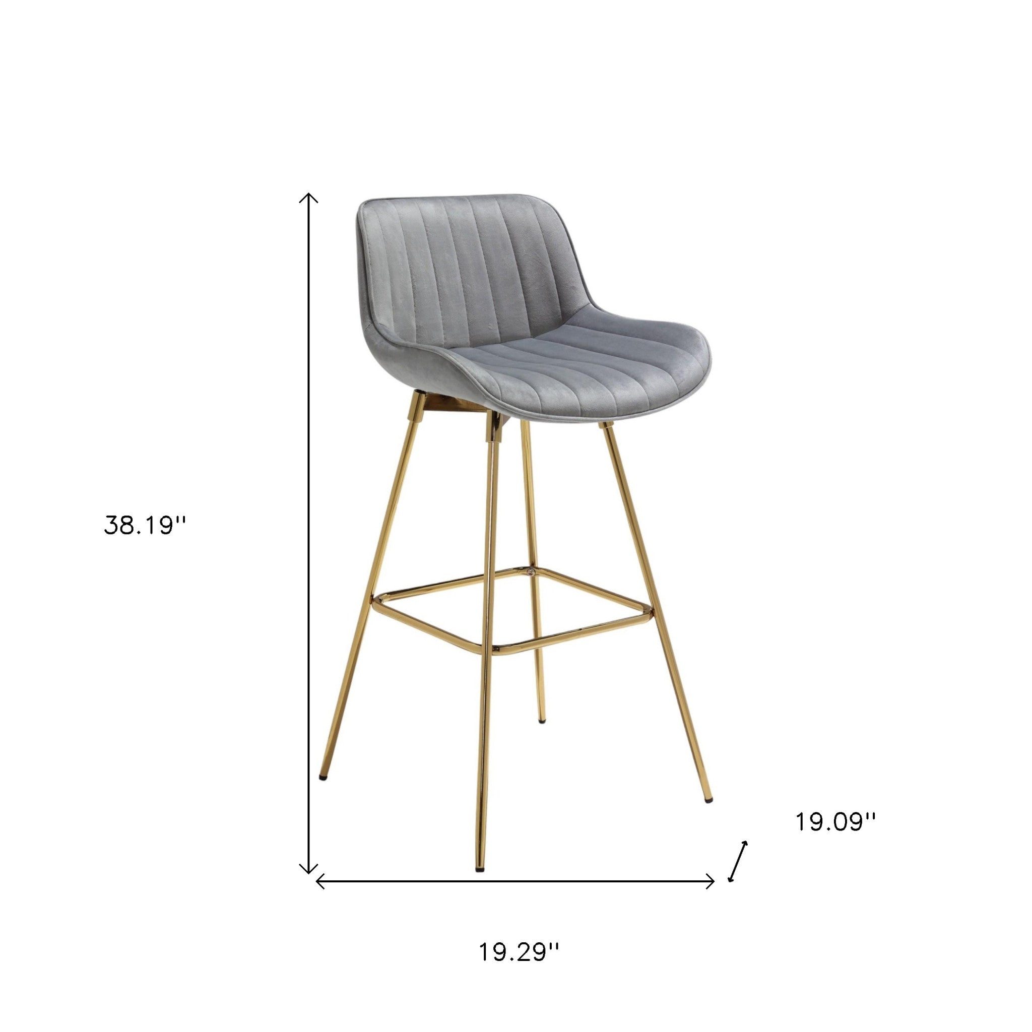 Set of Two 29" Gray and Gold Velvet and Metal Low Back Bar Height Swivel Bar Chairs - GreatEagleInc