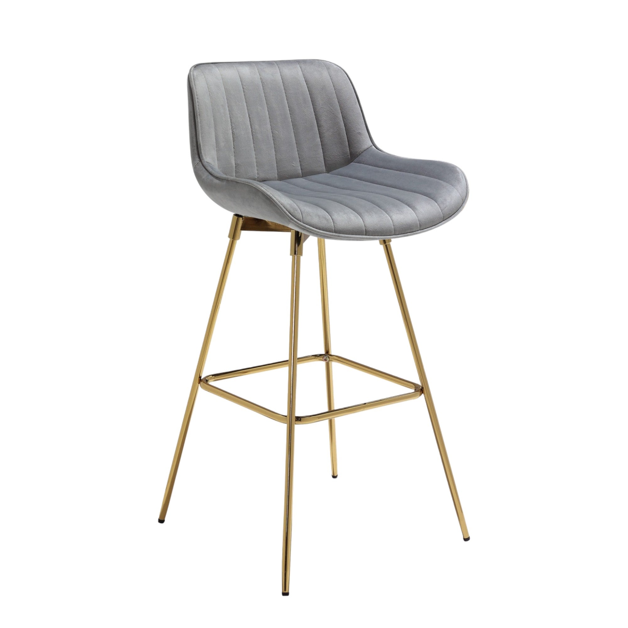 Set of Two 29" Gray and Gold Velvet and Metal Low Back Bar Height Swivel Bar Chairs - GreatEagleInc
