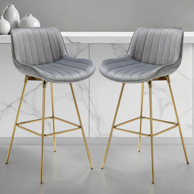 Set of Two 29" Gray and Gold Velvet and Metal Low Back Bar Height Swivel Bar Chairs - GreatEagleInc