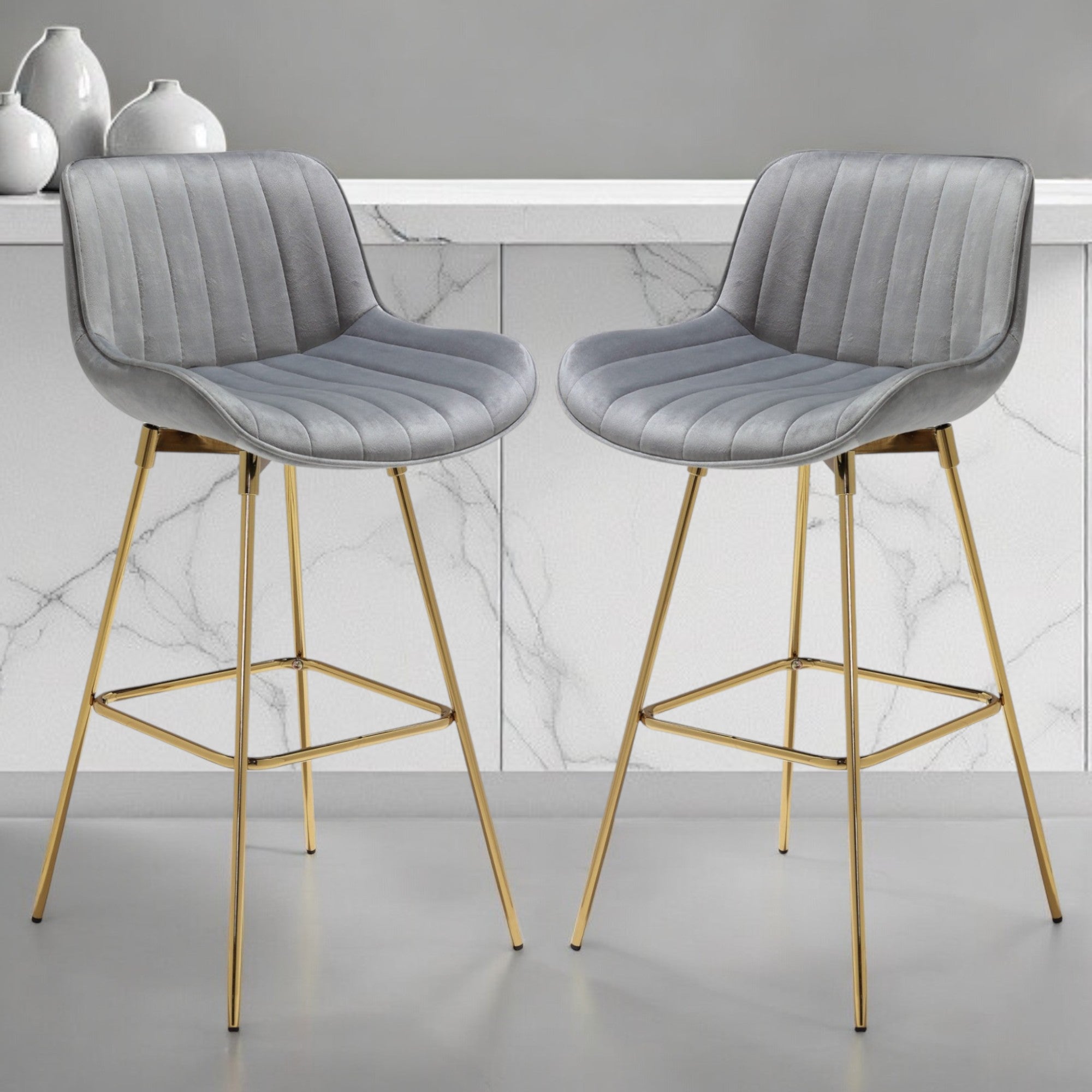 Set of Two 29" Gray and Gold Velvet and Metal Low Back Bar Height Swivel Bar Chairs - GreatEagleInc