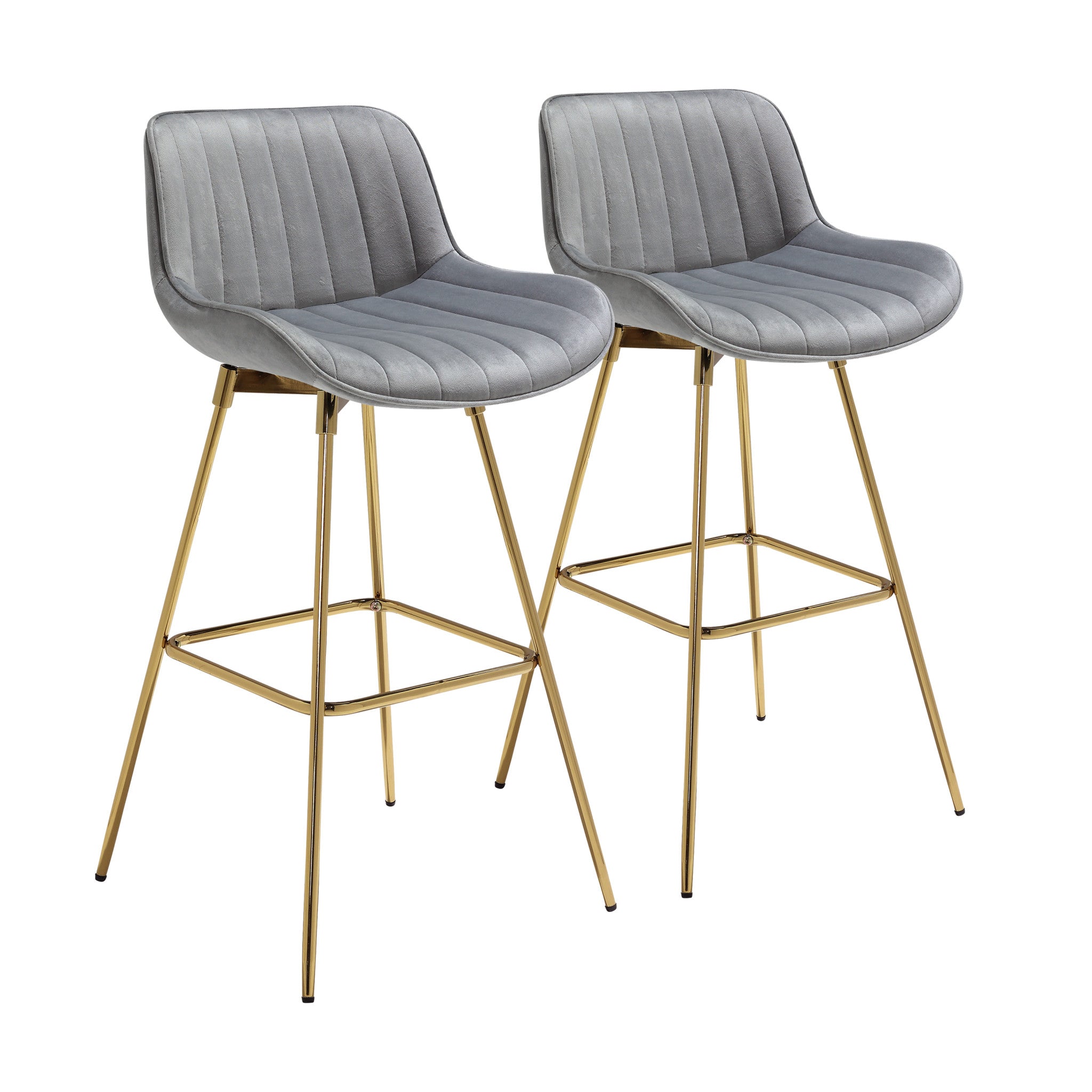 Set of Two 29" Gray and Gold Velvet and Metal Low Back Bar Height Swivel Bar Chairs - GreatEagleInc