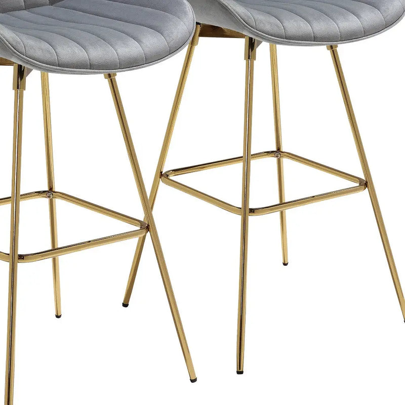 Set of Two 29" Gray and Gold Velvet and Metal Low Back Bar Height Swivel Bar Chairs - GreatEagleInc
