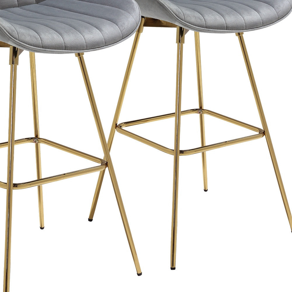 Set of Two 29" Gray and Gold Velvet and Metal Low Back Bar Height Swivel Bar Chairs - GreatEagleInc
