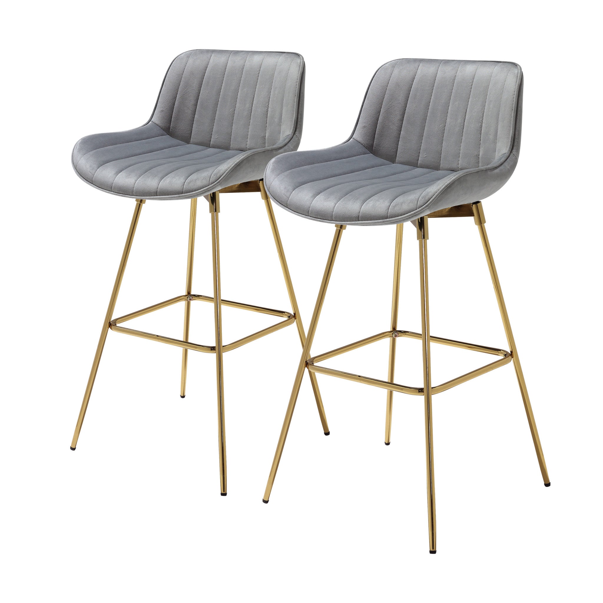Set of Two 29" Gray and Gold Velvet and Metal Low Back Bar Height Swivel Bar Chairs - GreatEagleInc