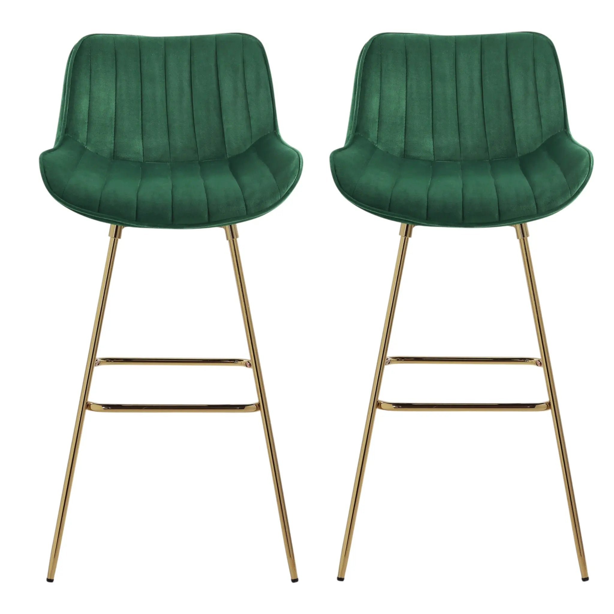 Set of Two 29" Green and Gold Velvet and Metal Low Back Bar Height Swivel Bar Chairs Homeroots Living Room