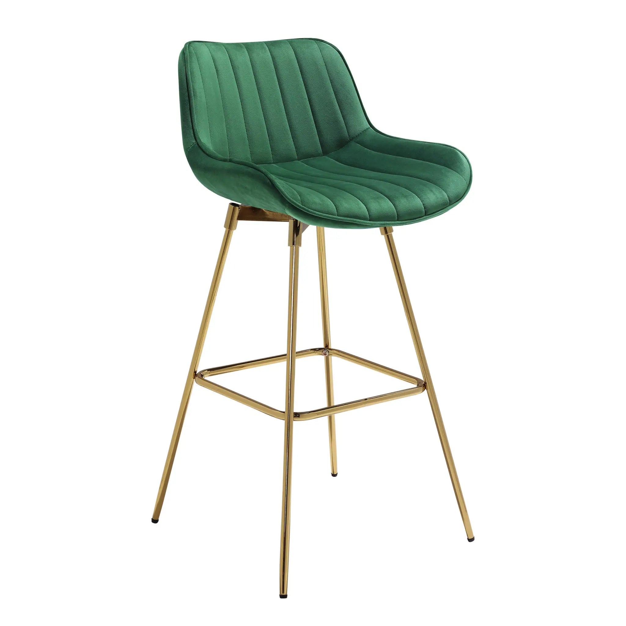 Set of Two 29" Green and Gold Velvet and Metal Low Back Bar Height Swivel Bar Chairs Homeroots Living Room