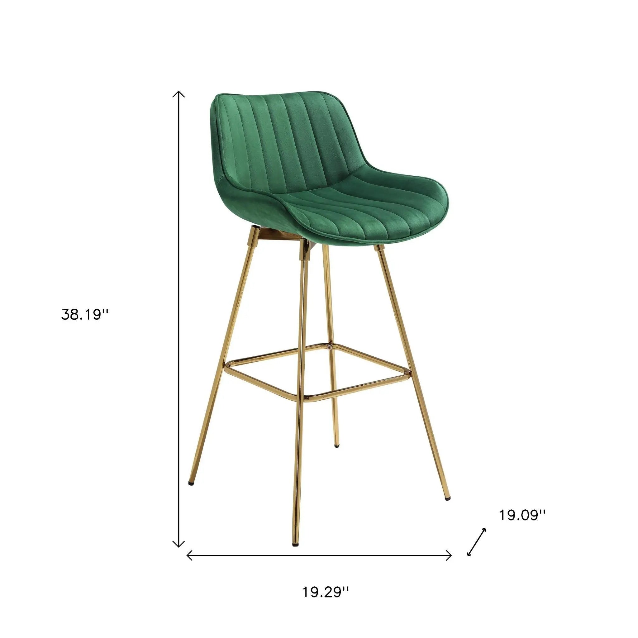 Set of Two 29" Green and Gold Velvet and Metal Low Back Bar Height Swivel Bar Chairs Homeroots Living Room