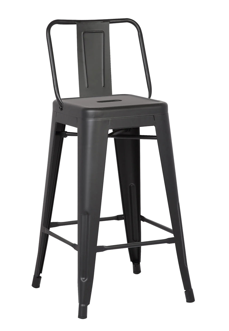 Black metal bar stool with a modern design and a sturdy backrest, perfect for contemporary dining spaces.