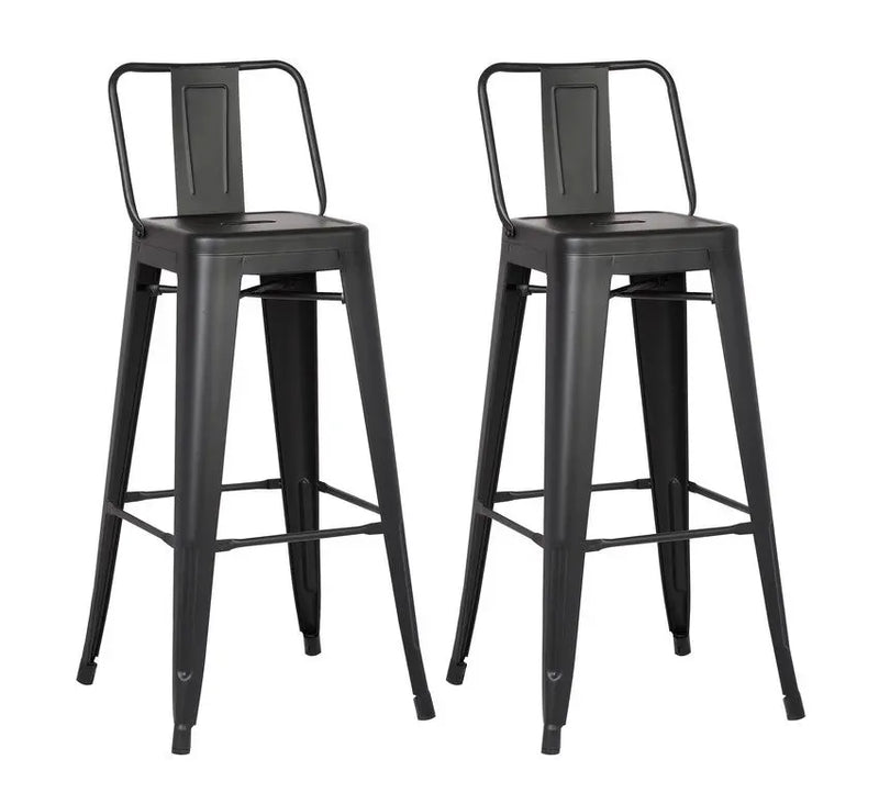 Set of 2 black metal bar stools, industrial style, featuring a high back and sturdy legs.