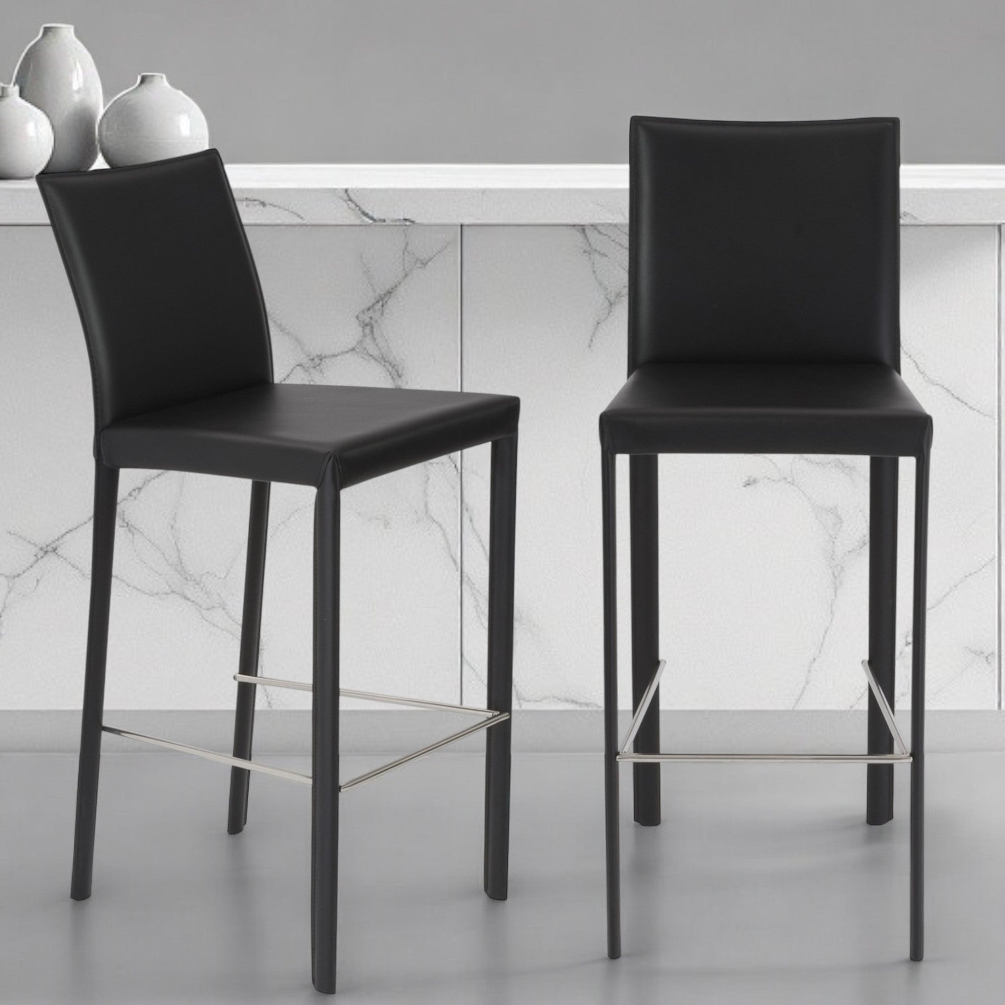 Set of Two 30" Black Faux Leather and Steel Bar Height Bar Chairs Homeroots Living Room