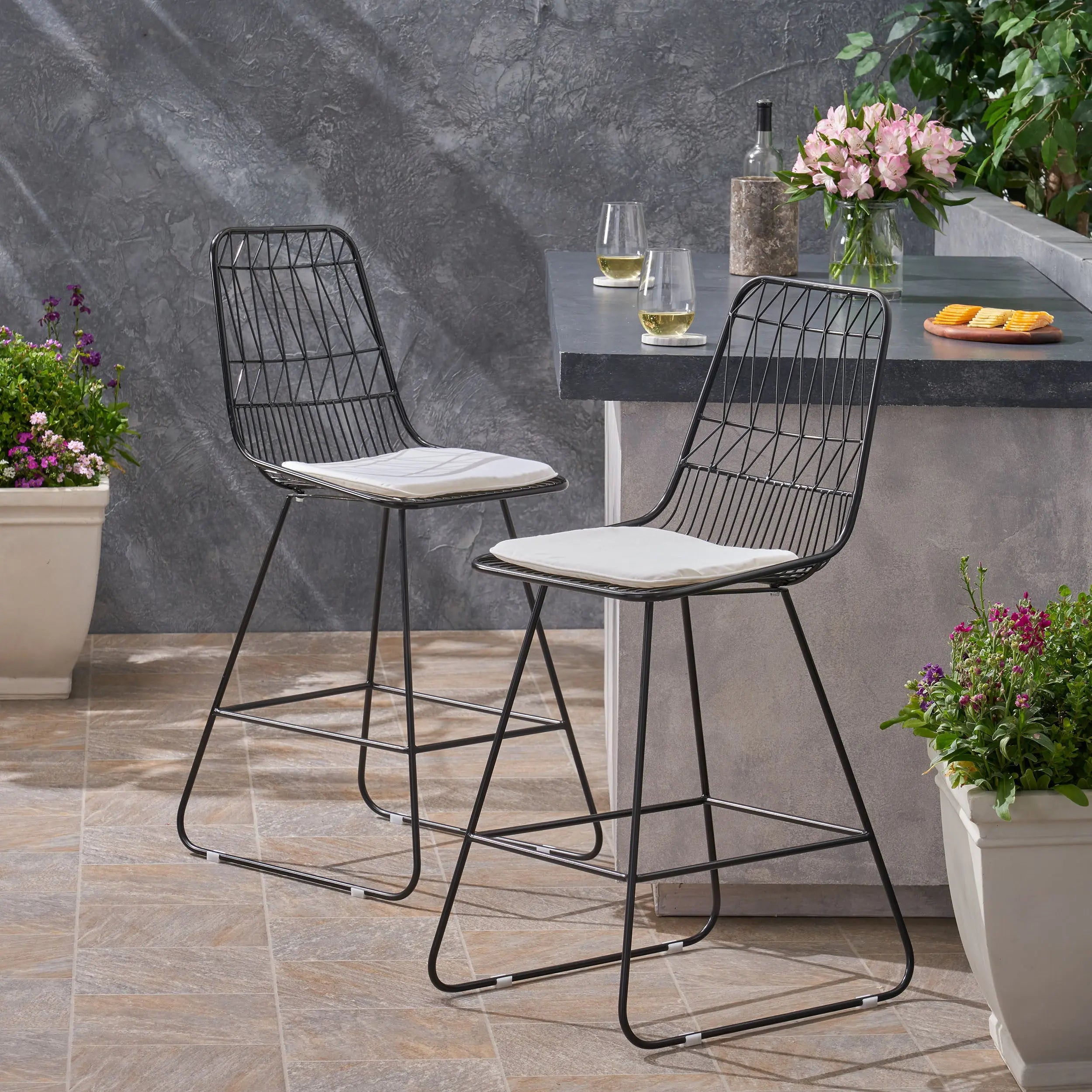 Set of Two 30" Black Iron Outdoor Bar Height Chairs Homeroots Outdoor
