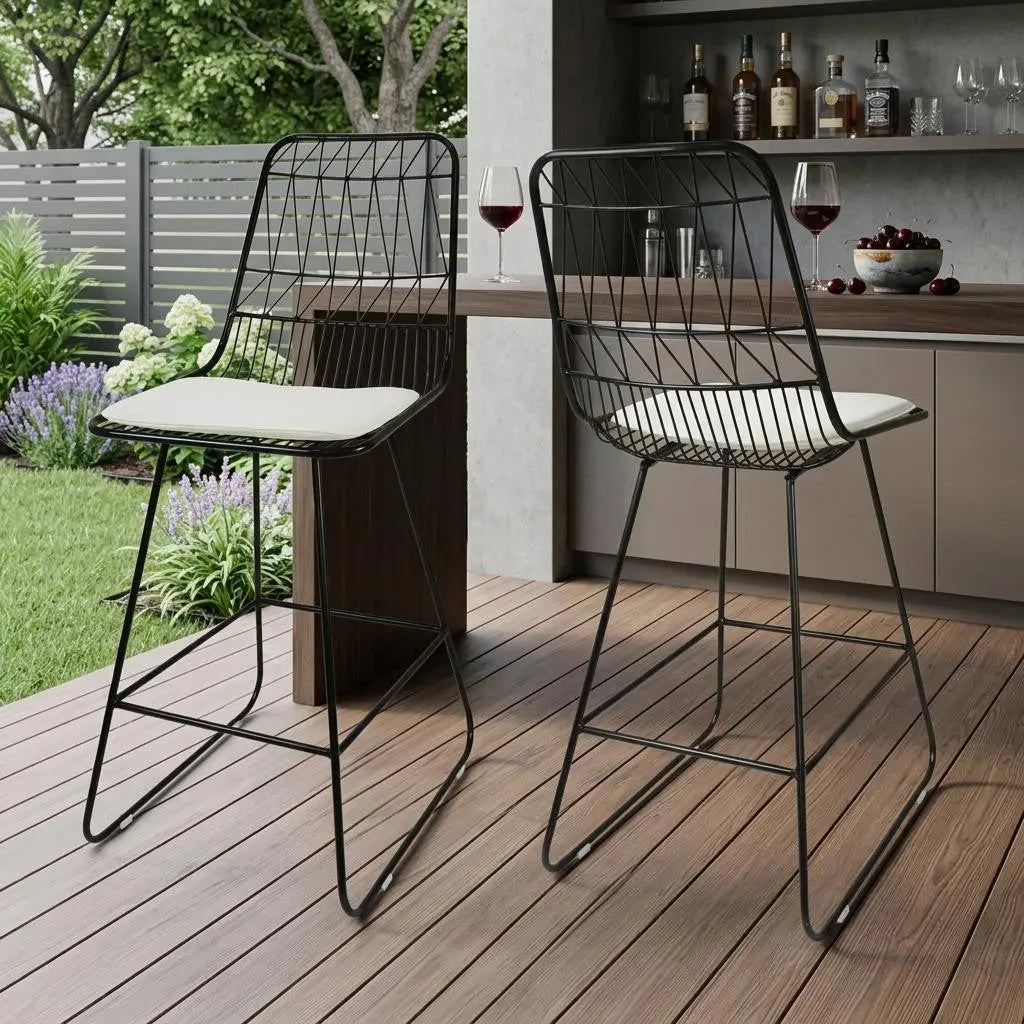 Set of Two 30" Black Iron Outdoor Bar Height Chairs Homeroots Outdoor
