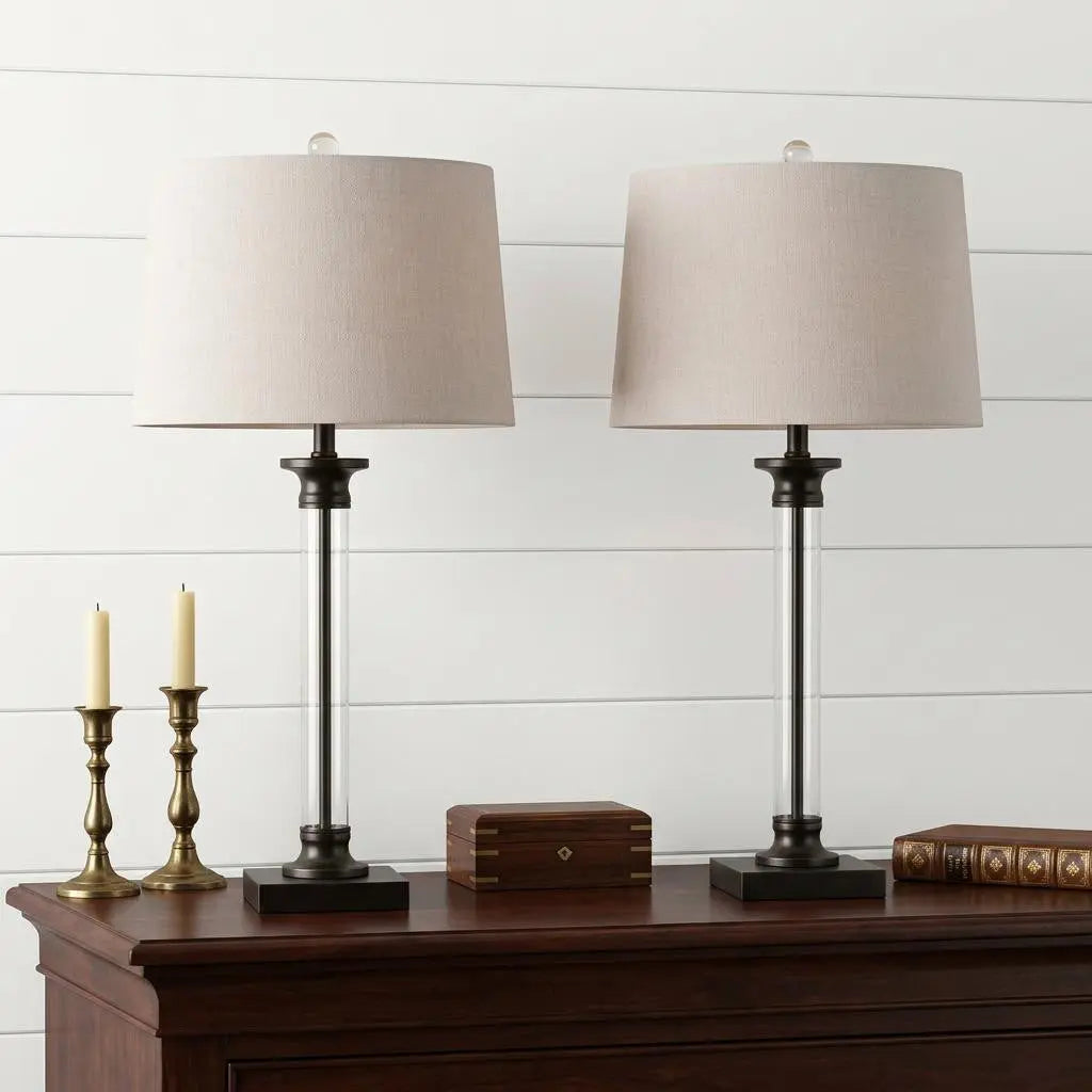 Set of Two 30" Black Table Lamps With Drum Shades Homeroots Lighting