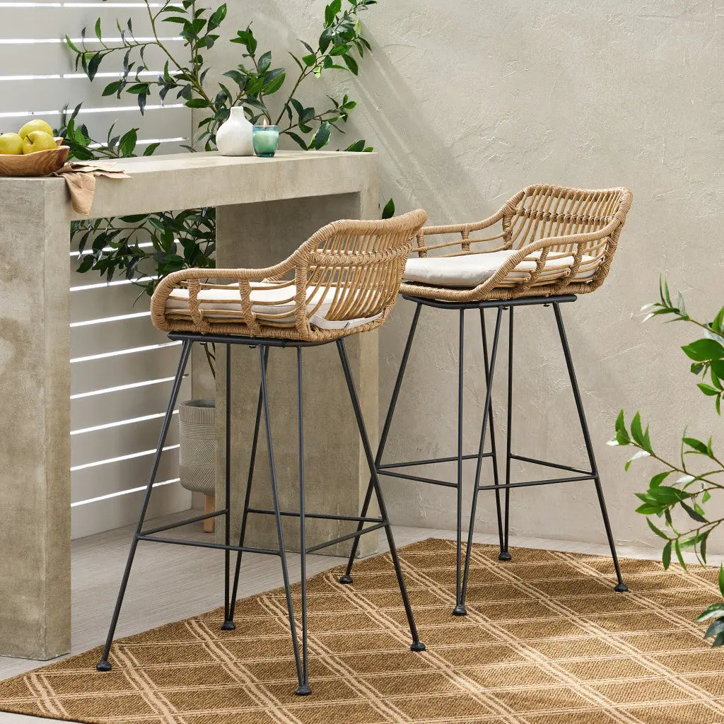 Set of Two 30" Black and Beige Iron Low Back Outdoor Bar Height Chairs Homeroots Outdoor