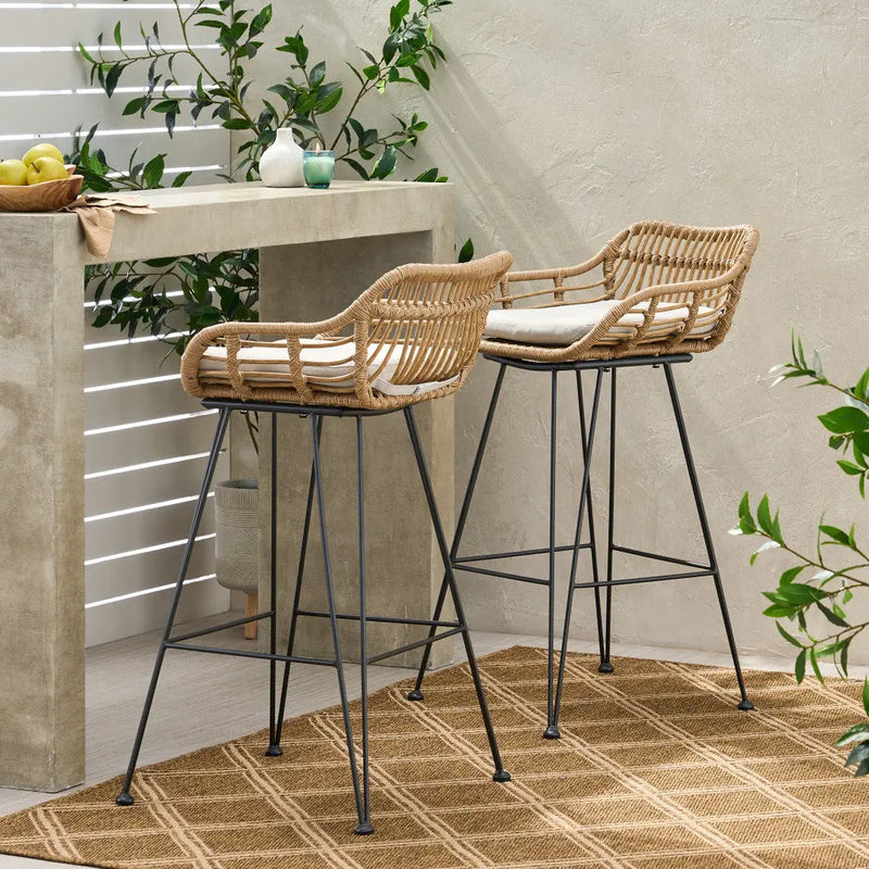 Set of Two 30" Black and Beige Iron Low Back Outdoor Bar Height Chairs Homeroots Outdoor