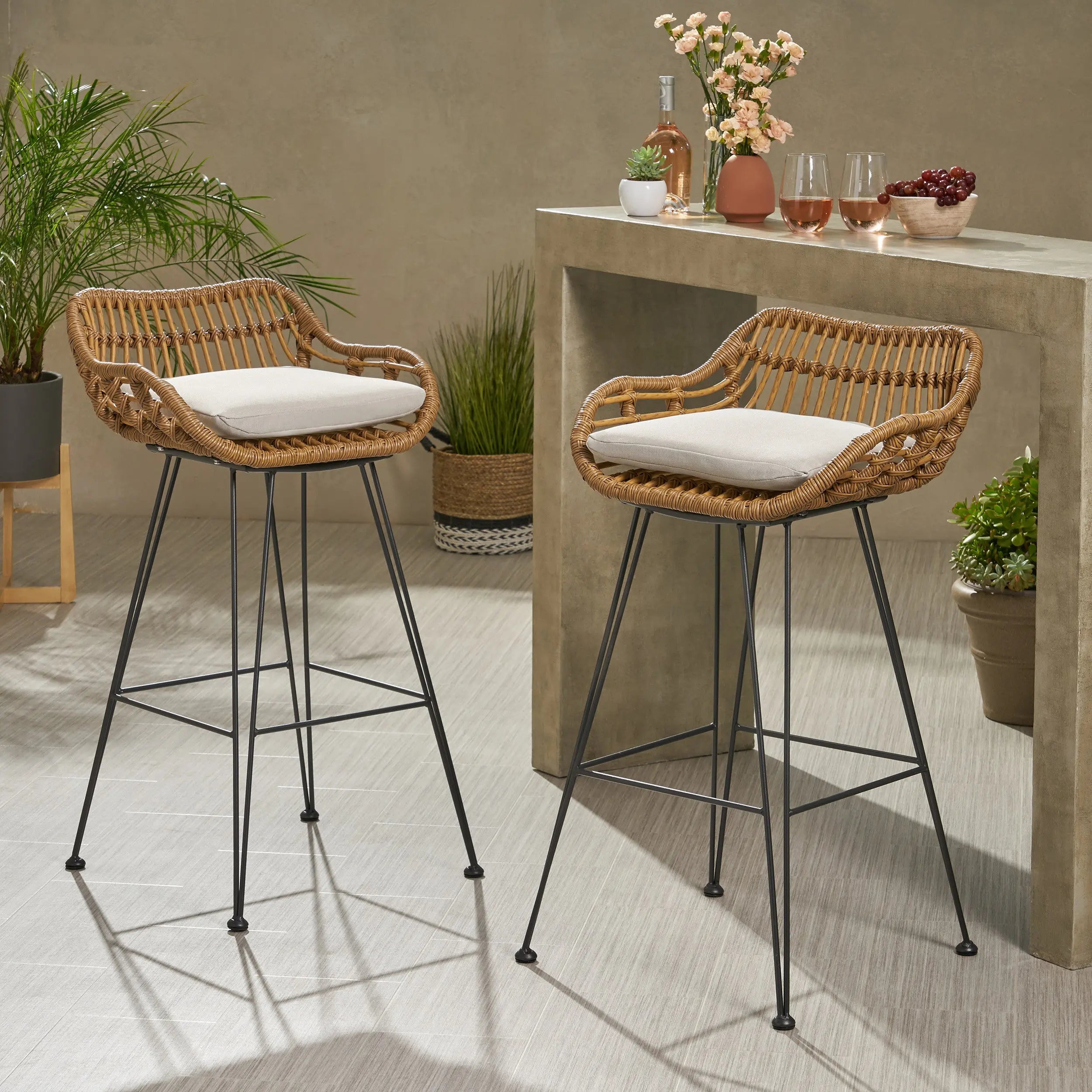 Set of Two 30" Black and Beige Iron Low Back Outdoor Bar Height Chairs Homeroots Outdoor