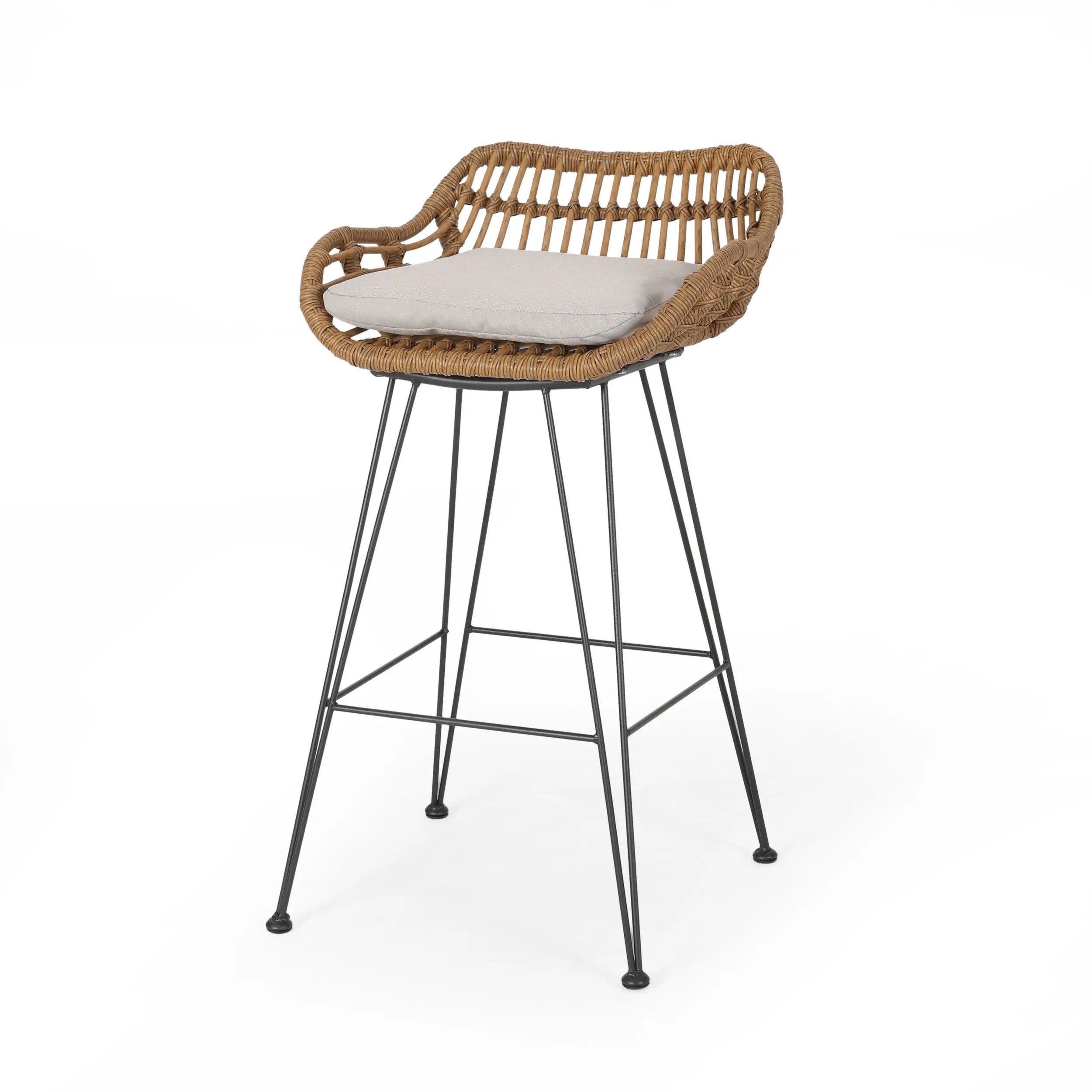 Set of Two 30" Black and Beige Iron Low Back Outdoor Bar Height Chairs Homeroots Outdoor