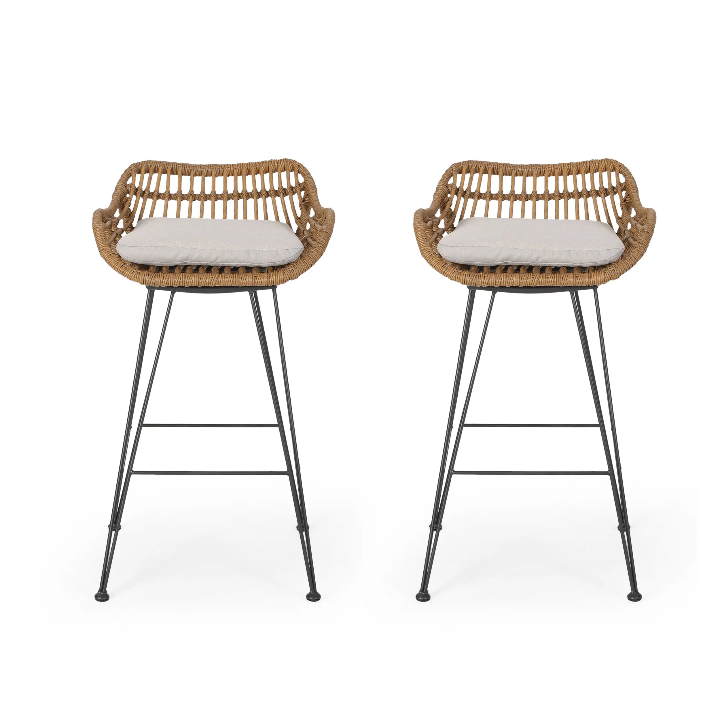 Set of Two 30" Black and Beige Iron Low Back Outdoor Bar Height Chairs Homeroots Outdoor
