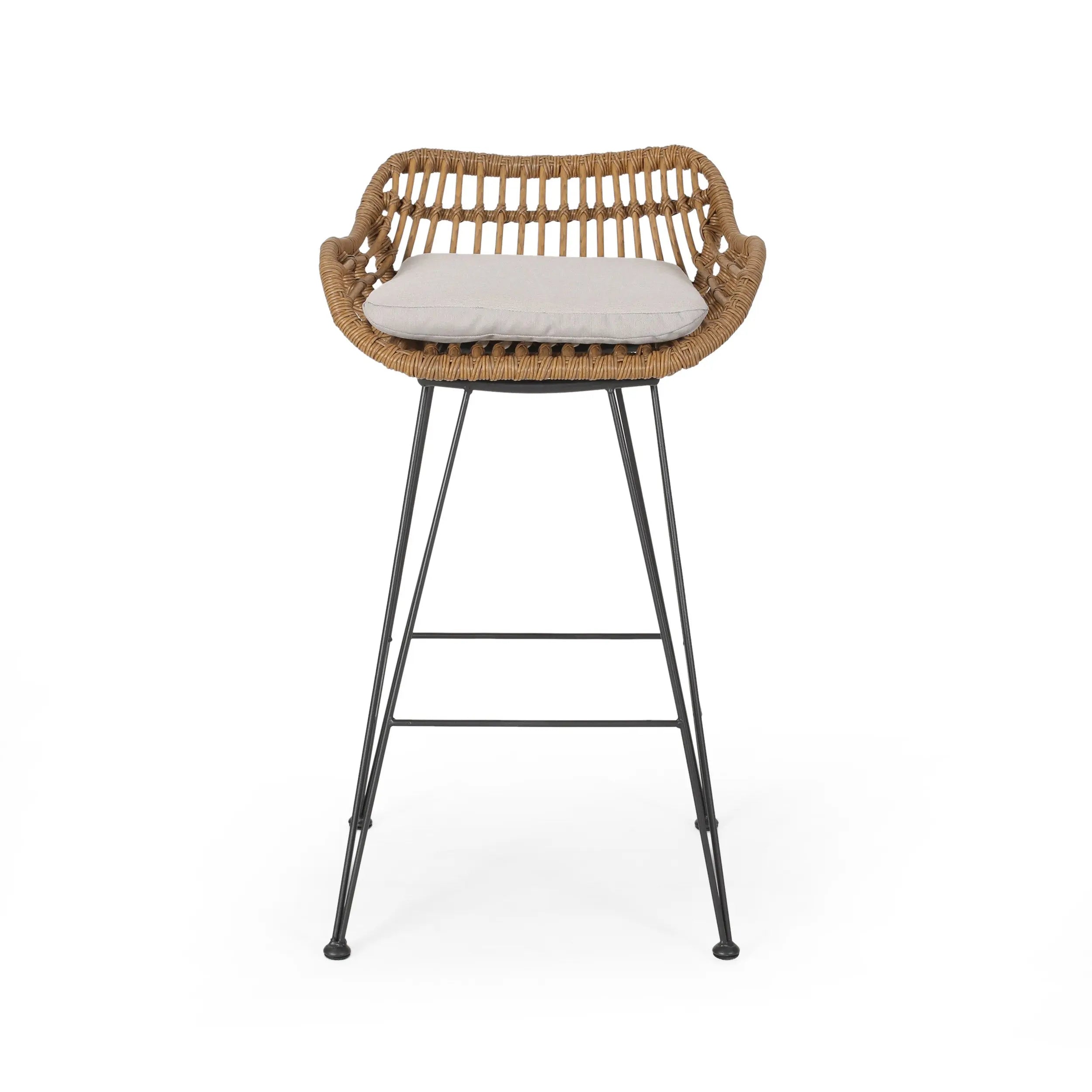 Set of Two 30" Black and Beige Iron Low Back Outdoor Bar Height Chairs Homeroots Outdoor