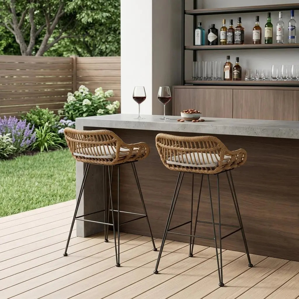 Set of Two 30" Black and Beige Iron Low Back Outdoor Bar Height Chairs Homeroots Outdoor