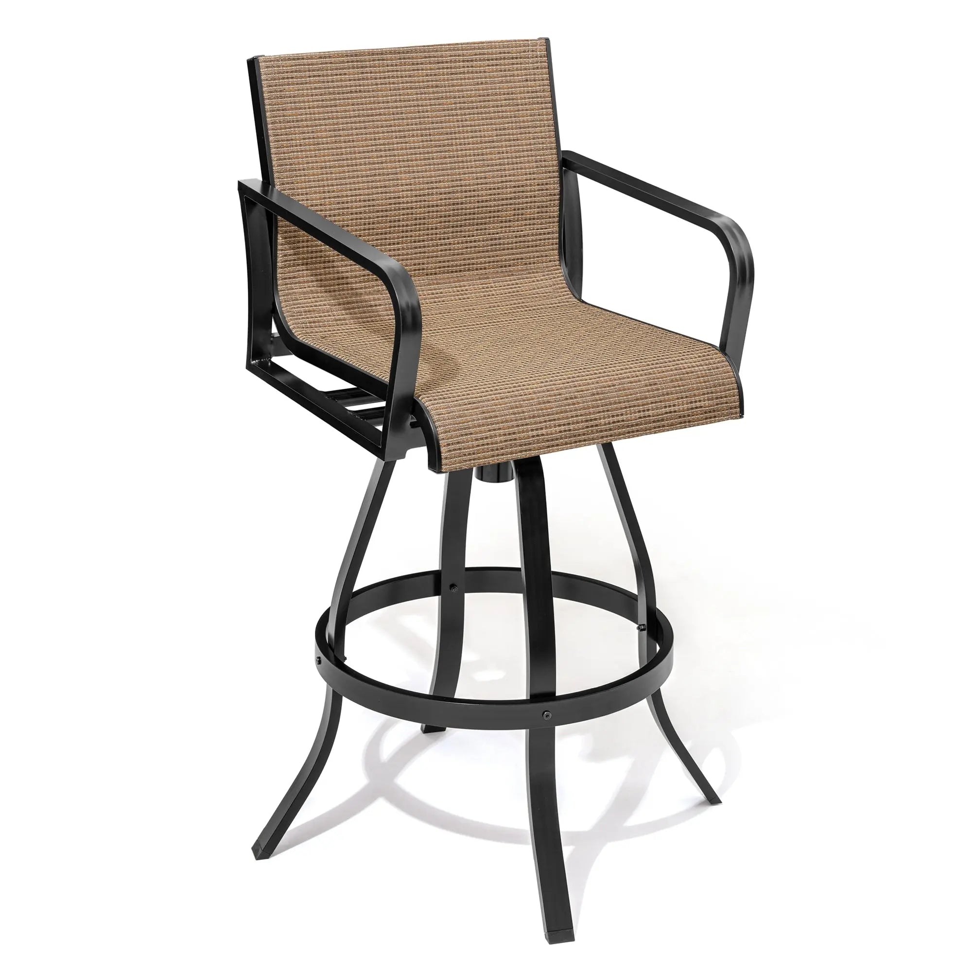 Set of Two 30" Black and Brown Aluminum Swivel Outdoor Bar Height Chairs Homeroots Outdoor