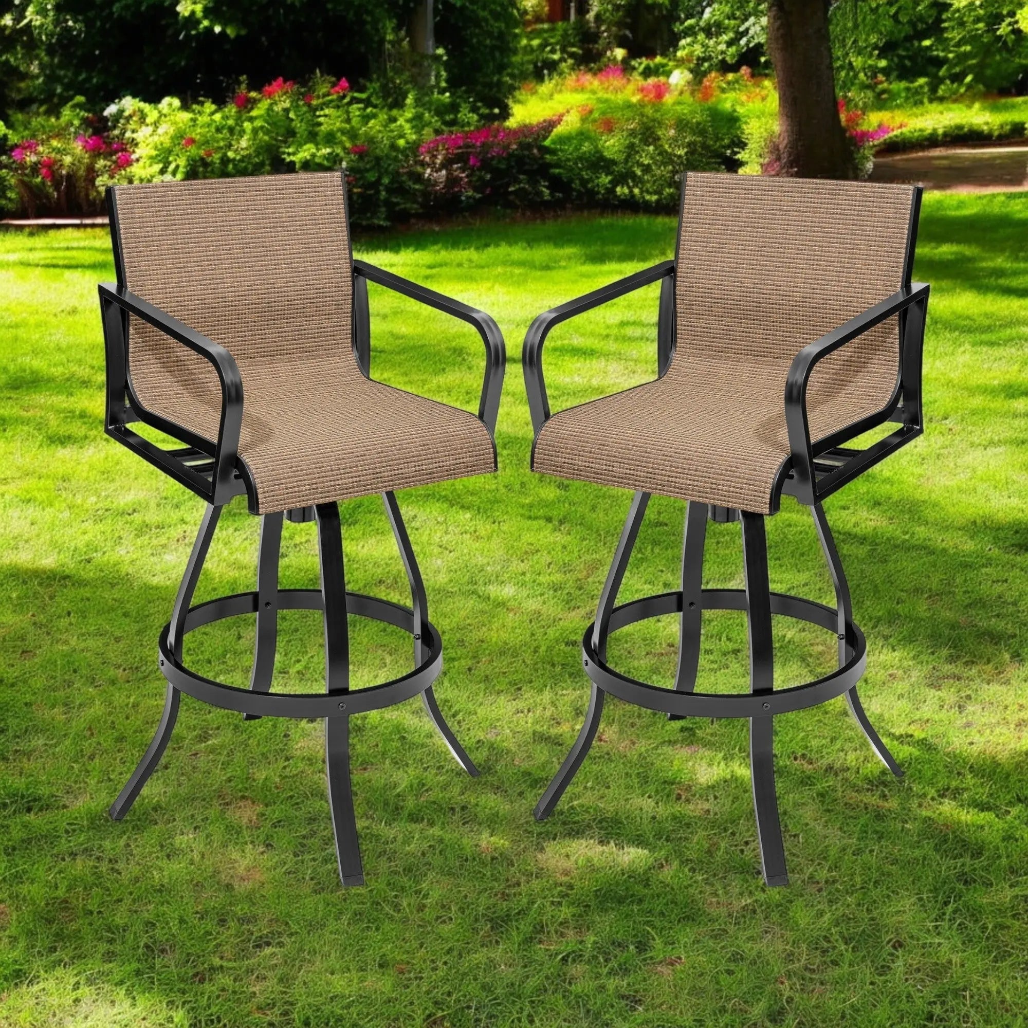 Set of Two 30" Black and Brown Aluminum Swivel Outdoor Bar Height Chairs Homeroots Outdoor