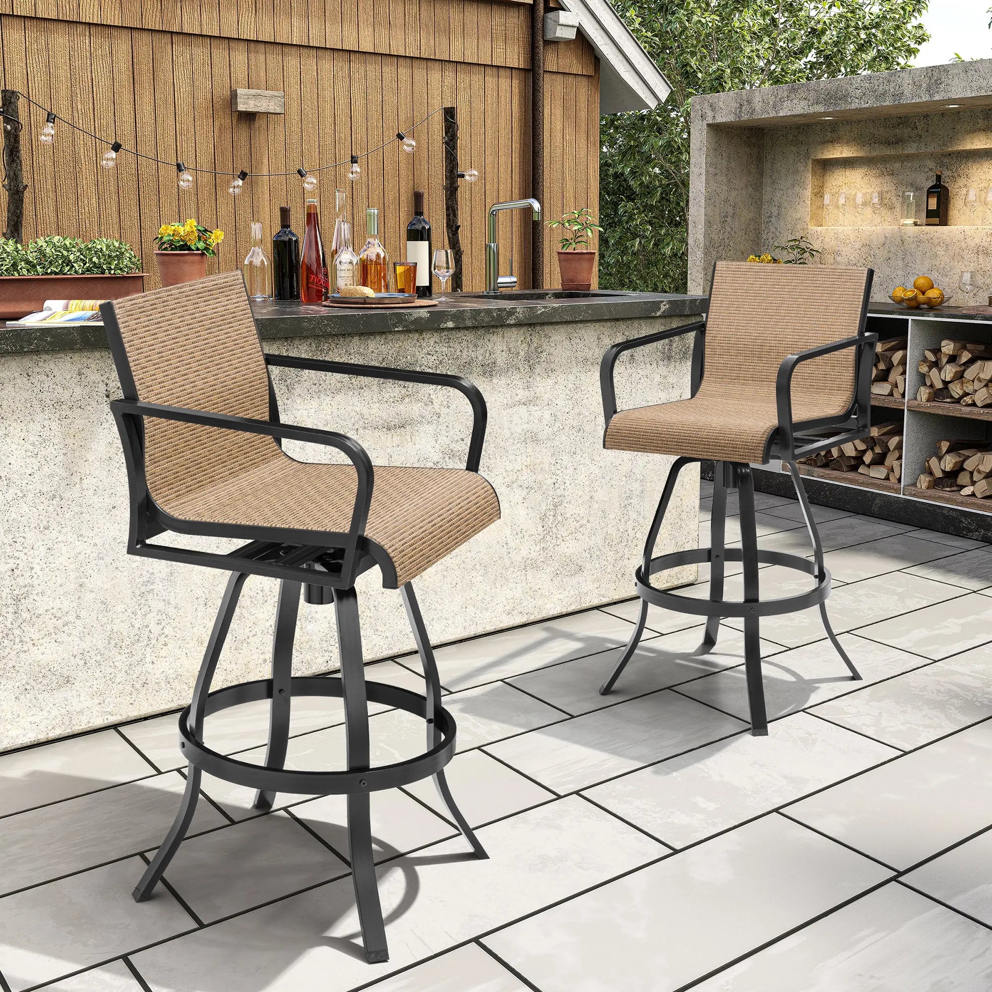 Set of Two 30" Black and Brown Aluminum Swivel Outdoor Bar Height Chairs Homeroots Outdoor