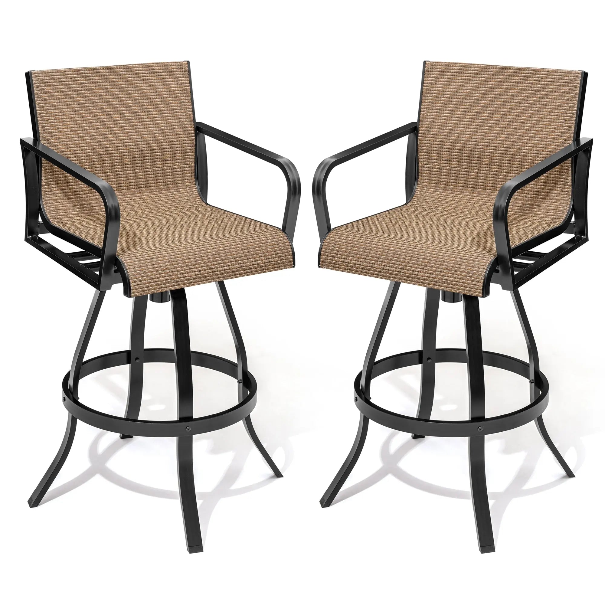 Set of Two 30" Black and Brown Aluminum Swivel Outdoor Bar Height Chairs Homeroots Outdoor
